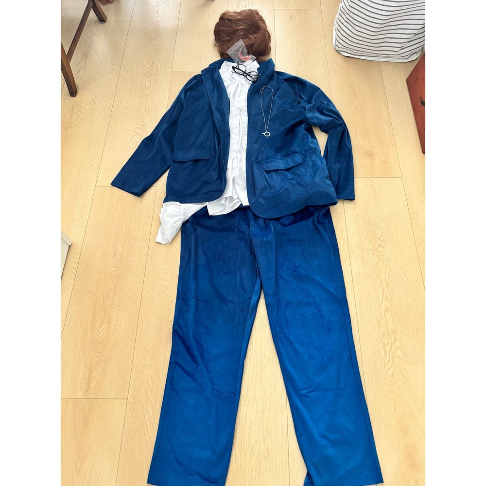 Austin Powers Costume Mens Blue Velvet Suit Wig Glasses Teeth Ruffle Shirt Set